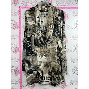 Lana Lee shirt Paris cafe magazine Cowl Neck Printed Tunic Top - Beige & Black